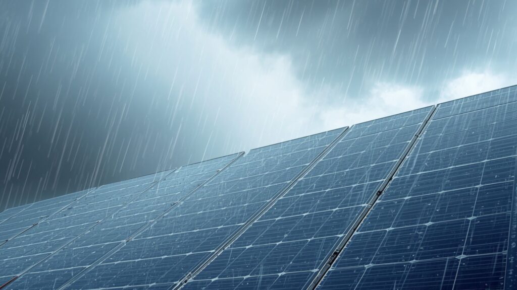 Paneles solares funcionando en techo de casa en Guatemala durante temporada de lluvias con cielo nublado